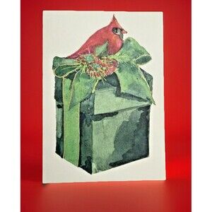 Oddballs Vintage Watercolor Greeted Christmas Card Box Of 10 Red Bird Green Box